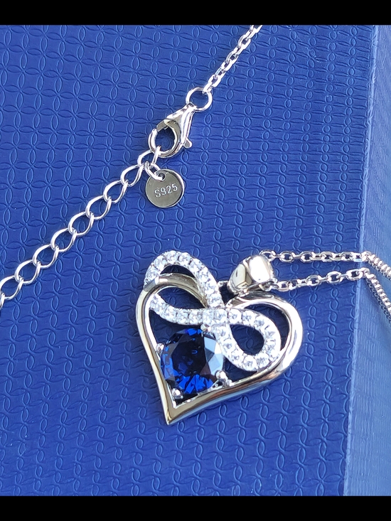 None Jewelry - Sterling Silver Infinity Heart Pendant Necklace Blue CZ 19" Adjustable Chain